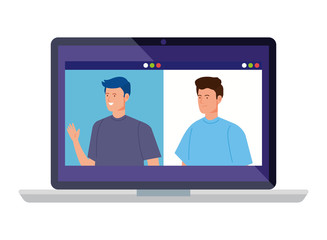 men in video conference in laptop vector illustration design