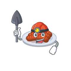 Grilled sausage miner cartoon design concept with tool and helmet