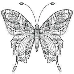 Butterfly. Coloring book antistress for children and adults. Illustration isolated on white background.Zen-tangle style. Black and white drawing