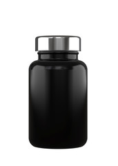 Black Plastic Bottle for Pills Packing with Chrome Metallic Lid. 3D Render Isolated on White Background.