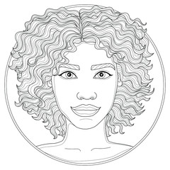 Curly black woman with beautiful eyes.Coloring book antistress for children and adults. Illustration isolated on white background.Zen-tangle style. Black and white drawing
