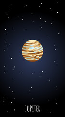 Fototapeta na wymiar Jupiter planet cartoon poster. Vector vertical banner of a space astronimic object for web, stories and social media.