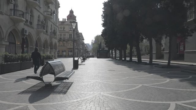 BAKU, AZERBAIJAN - APRIL 7, 2020 - Downtown Baku, Azerbaijan. Empty streets of Baku, the capital of Azerbaijan at Daytime. Covid pandemic happening. Steady cam shot