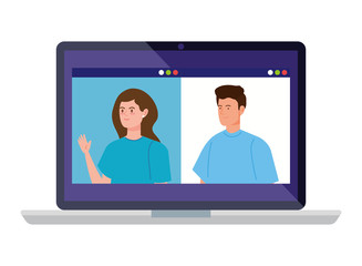 young couple in video conference in laptop vector illustration design