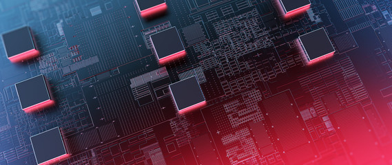 Printed circuit board futuristic server/Circuit board futuristic server code processing. Orange,  green, blue technology background with bokeh. 3d rendering