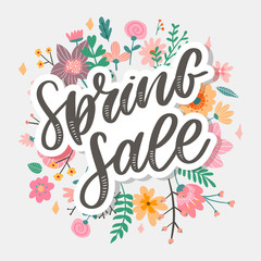 Spring Sale Word Hanging on Leaves with Strings. Vector Illustration flowers