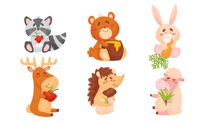 Animals Sitting and Eating Fruit and Vegetables Vector Set