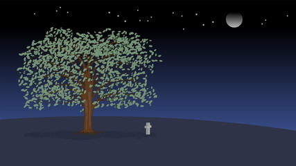 Lonely tree with a grave cross in the night. Moon and stars in the black sky EPS10
