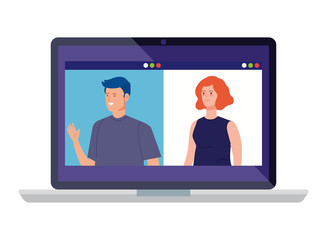 young couple in video conference in laptop vector illustration design
