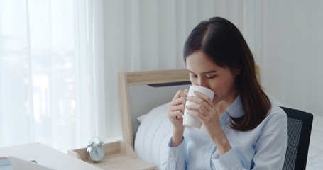 Portrait young beautiful woman drink hot coffee