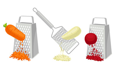 Process of Vegetables Grating on Grater Isolated on White Background Vector Set