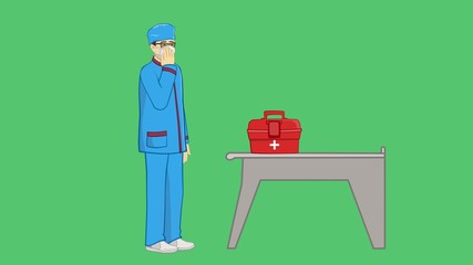 Animation. A male doctor approaches the table. Picks up a medical box. A medical mask and glasses are worn on the face. Helps patients with coronavirus. Green background to replace.
