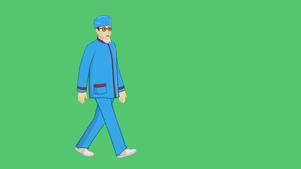 Animation. A male doctor approaches the table. Picks up a medical box. A medical mask and glasses are worn on the face. Helps patients with coronavirus. Green background to replace.
