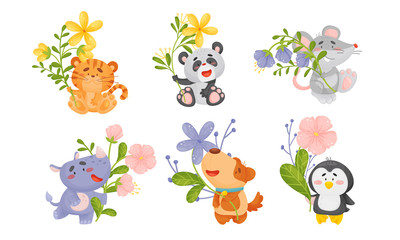 Obraz na płótnie Canvas Cute Animals Holding Flower on Stalk with Their Paws Vector Set
