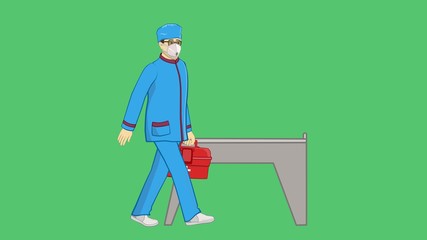 Animation. A male doctor approaches the table. Picks up a medical box. A medical mask and glasses are worn on the face. Helps patients with coronavirus. Green background to replace.
