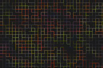 dark gray background with bright red, violet, green, orange and yellow stripes, the contours of squares and rectangles