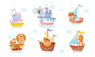 Cartoon Animals in Sailor Hats Boating and Sailing Vector Set