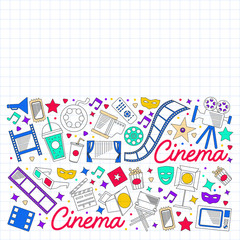 Cinema, video. Doodle set of vector icons. Megaphone, camera, movie. Musical theathre, entertaiment.