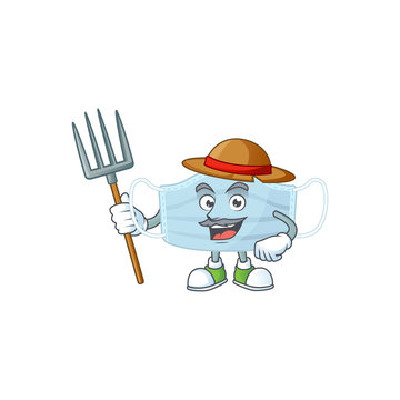 Mascot design style of Farmer surgery mask with hat and pitchfork