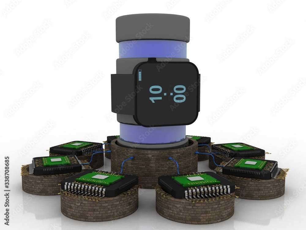 Poster 3d rendering fitness bracelet smart watch connected database around computer chip
