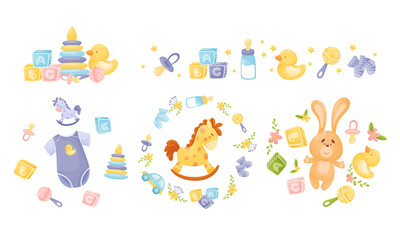 Baby Attributes and Toys with Rattles and Cubes Vector Set