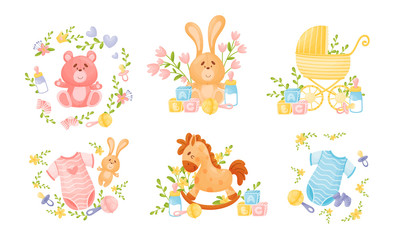 Baby Attributes and Toys with Rattles and Abc Cubes Vector Set