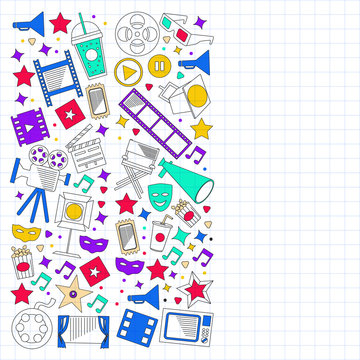 Cinema, video. Doodle set of vector icons. Megaphone, camera, movie. Musical theathre, entertaiment.