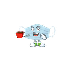 An image cartoon character of surgery mask with a cup of coffee