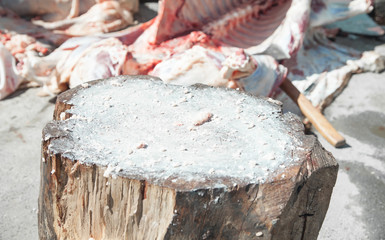 Wooden board. Processing fresh meat