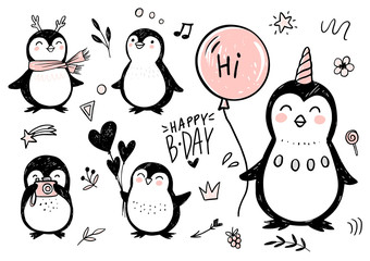 Doodle penguins, hand drawn set of funny animals. Vector Penguin character in sketch style.