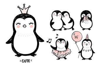 Doodle penguins, hand drawn set of funny animals. Vector Penguin character in sketch style.