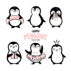 Fototapeta premium Doodle penguins, hand drawn set of funny animals. Vector Penguin character in sketch style.