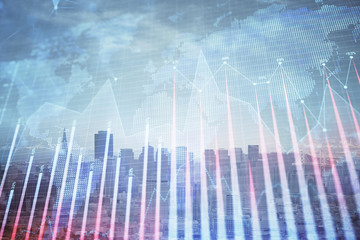 Forex graph on city view with skyscrapers background multi exposure. Financial analysis concept.