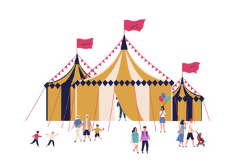 Cartoon families and kids walking near circus tent isolated on white background © Good Studio
