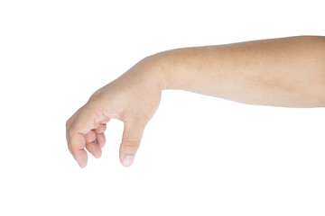 Hand and arm asian man or caucasian hand gestures hold or catching something empty or Hand signal isolated on white background
