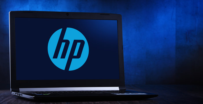 Laptop computer displaying logo of HP