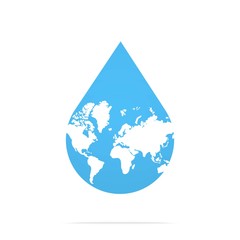 Water drop falls, there is a map of the world on the drop. Isolated Vector