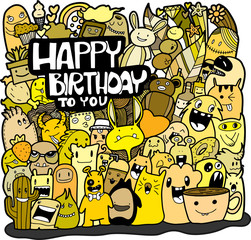 Many monsters, various colors, doodle Come to bless on the birthday Colorful, fun. It is an illustration, greeting card. And various things.