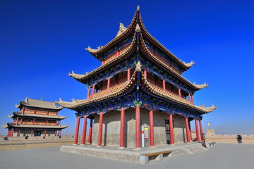 Gable hip roofs-watchtowers over Conciliation and Sighs Gates-Jiayu Pass-Jiayuguan city-Gansu-China-0786
