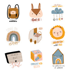 Cute baby shower in scandinavian style including trendy quotes and cool animal decorative hand drawn elements. Cartoon doodle kids illustration for nursery room decor, children design. Vector.