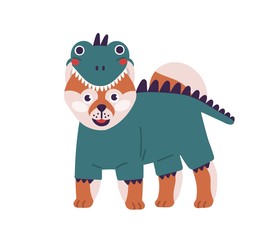Cute cartoon dog in funny dinosaur costume standing isolated on white background. Adorable domestic animal wearing funny clothes vector flat illustration. Shiba Inu character in dragon clothing