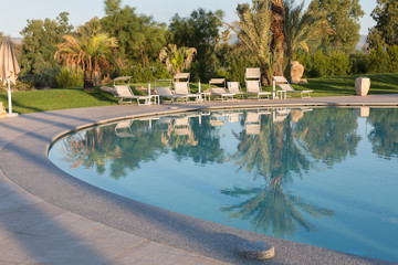 Outdoor Swimming Pool, Palm Trees and White Beach Loungers