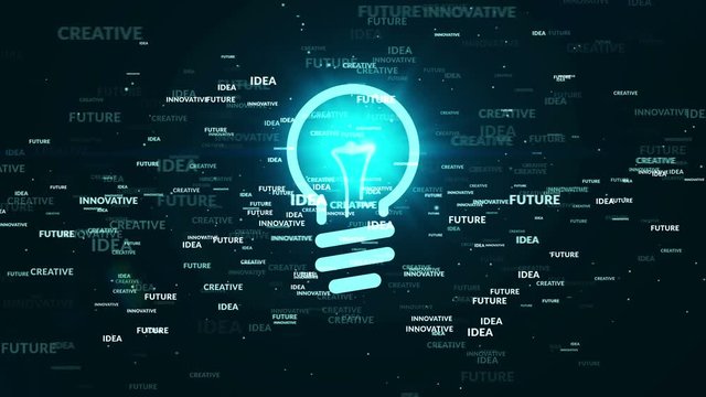 Innovative, creative, future, idea loop seamless rendered 3d animation. Concept keywords with bulb icon.