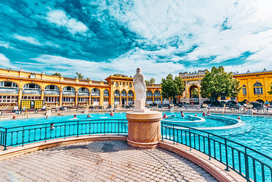 BUDAPEST, HUNGARY- MAY 05,2016: Courtyard of Szechenyi Baths, Hungarian thermal bath complex and spa treatments.