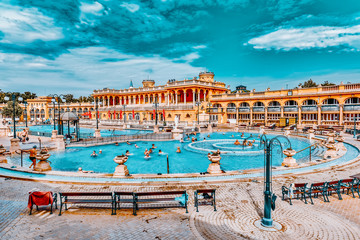 Fototapeta premium BUDAPEST, HUNGARY- MAY 05,2016: Courtyard of Szechenyi Baths, Hungarian thermal bath complex and spa treatments.