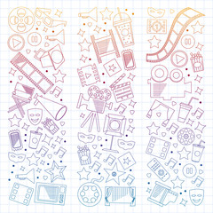 Cinema, video. Doodle set of vector icons. Megaphone, camera, movie. Musical theathre, entertaiment.