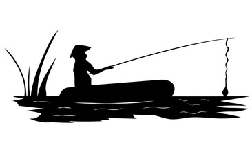 A fisherman is sitting in a boat and fishing with a fishing rod.