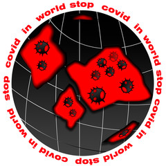 planet with red continents of infection and virus on the background with text stop coronavirus
