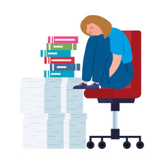 woman sitting in chair with stress attack and stack of documents vector illustration design