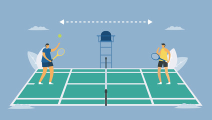 Social distancing in tennis sport. Play away from freind. Save life from coronavirus outbreak. Vector illustration designs in flat style.